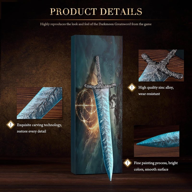 RACEROCKET Elden Ring Dark Moon Greatsword Straight Knight's Sword Model 11.8-Inch Metal Craft Sword with Display Stand Martial Arts Swords Action Figure Collectible Toy Desk Decor Party Supply Gift - Image 5